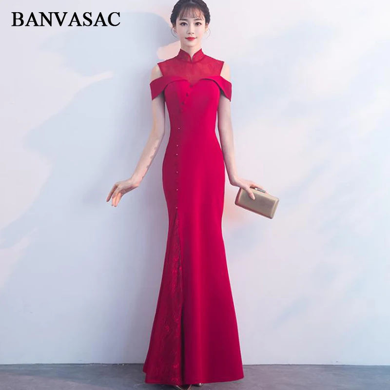 

BANVASAC High Neck 2018 Lace Appliques Mermaid Long Evening Dresses Party Button Illusion Zipper Back Prom Gowns