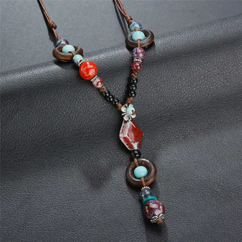Новинка, 3 цвета, богемное ручное плетение, цепочка, Керамическая подвеска и ожерелье, женский воротник, каменное ожерелье из деревянных бусин для женщин, ювелирное изделие - Окраска металла: Blue