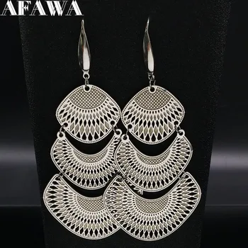 2020 Fashion Silver Color Stainless Steel Statement Earrings for Women Big Long Ethnic Earrings Jewelry aretes de mujer E1583S02