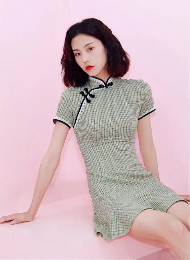 Зеленая Сетка печати Cheongsam Qipao платье элегантный Ци Пао трубы миди для женщин летний сарафан