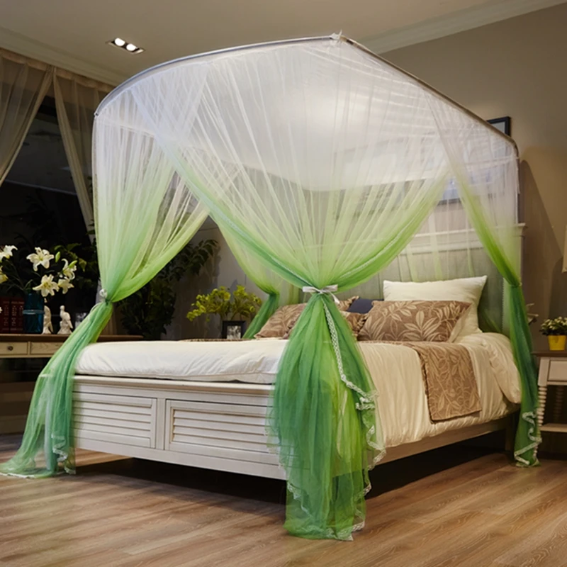 

Gradient green Blue Luxury Palace Style Guide Rail Three Open Door Telescopic Lace Mosquito Net Stainless Steel Mosquito Frame