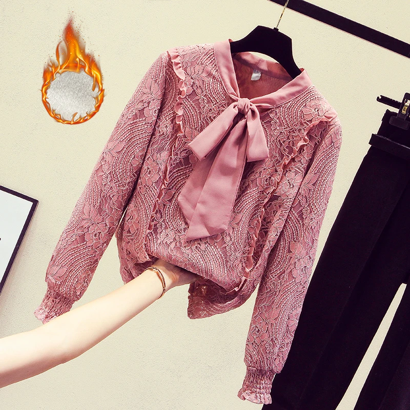 

MUMUZI women long sleeve fleece warm blouse Temperament lace up ladies chiffon blouses 2019 spring winter ruffle blouse shirt