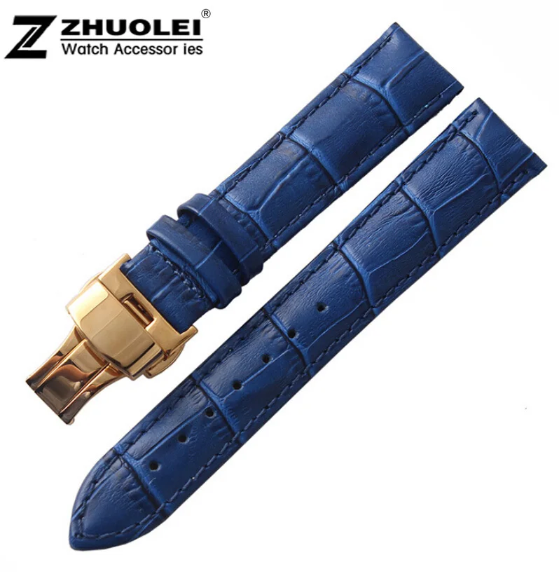 

16mm 18mm 19mm 20mm New Blue Alligator Grain Genuine Leather Watch Band Strap Bracelets Gold Butterfly Buckle Clasp