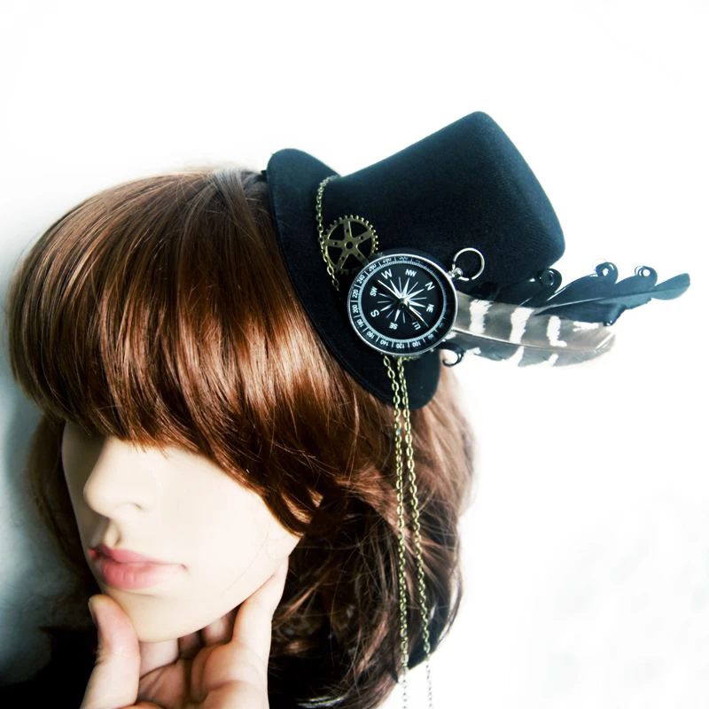Retro Women Feather Hairclip Steampunk Mini Top Hat Lolita Cosplay Fedoras Gothic Geer Compass Chain Head Wear Halloween | Тематическая