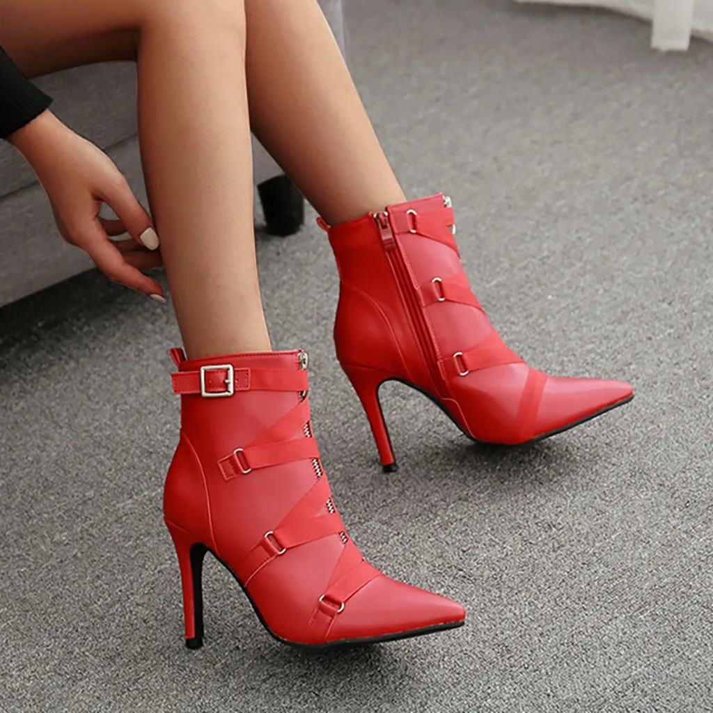 Модные женские ботинки пикантные однотонные вечерние туфли на тонком каблуке с ремешком и пряжкой; Цвет s, красный ботинки на высоком каблуке с пряжкой в европейском и американском стиле; Z0711