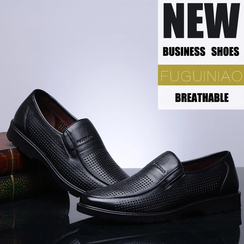Летняя Мужская дышащая деловая обувь!! FUGUINIAO натуральная кожа Перфорированные Мужские модельные туфли/черный, коричневый