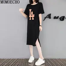 

MOMOECHO M-4XL Plus Size Women T shirt Dress Summer 2018 Sexy Back Letter Embroidery Short Sleeve Irregular Tail Dresses WY861