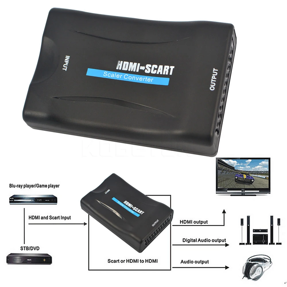 1080P SCART К HDMI видео аудио высококлассный конвертер Scaler адаптер для HD tv DVD для Sky Box STB штекер с кабелем постоянного тока