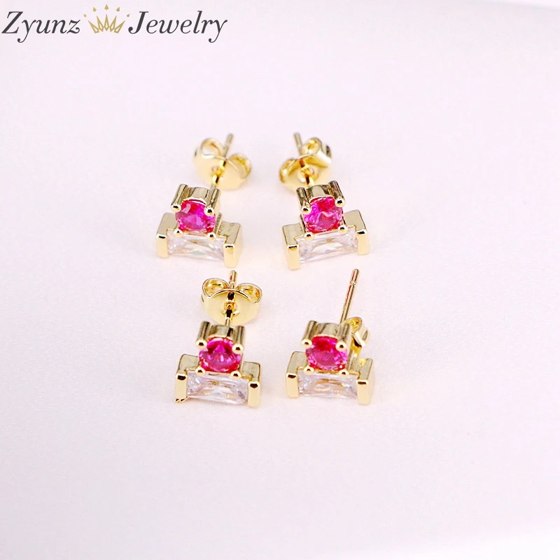 6Pairs, Cz Micro Pave Zirconia Women Girls Earring Studs Gold Color Fashion Crystal Multicolor Party Jewelry