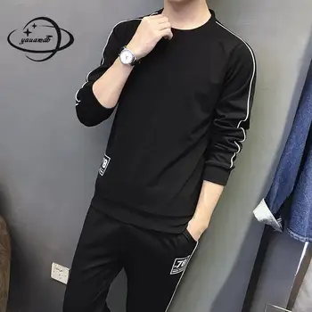 

YAUAMDB men clothing set spring autumn size M-4XL male suits long sleeve t shirt+pants 2 pcs pullover sportwear clothes y89