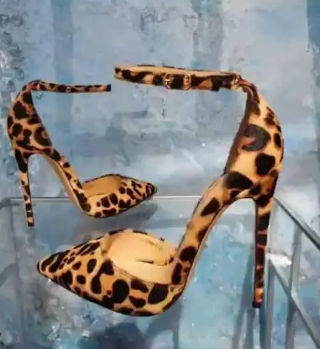 Moraima Snc Sexy Leopard Printed High Heel Shoes Woman Super High 12CM Thin Heels Ankle Strap Pumps Cutouts Stiletto Heels