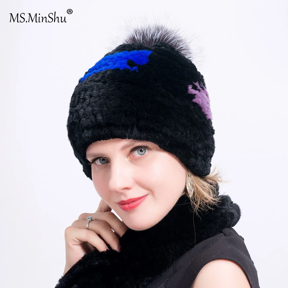 

Ms.MinShu Thicken Real Fur Hat Hand knitted Rex Rabbit Fur Hat with Pompoms Elastic Fur Hat for Women Winter Cap Head warmer