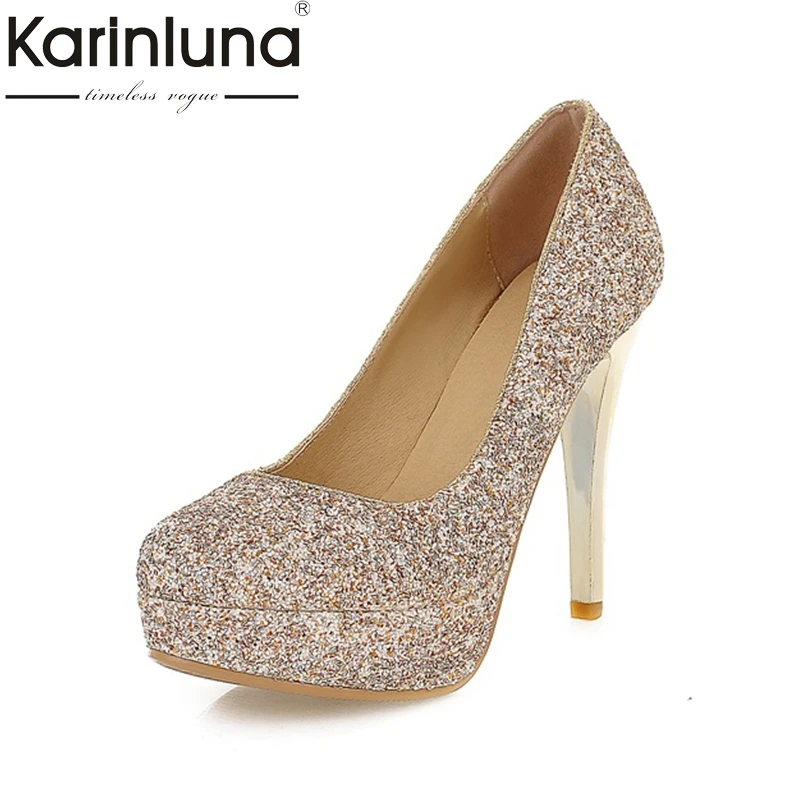 

Karinluna Wholesale Top Quality Plus Size 34-43 Platform Bling Upper Slip On Wedding Bride Shoes Pumps Thin high-heeled