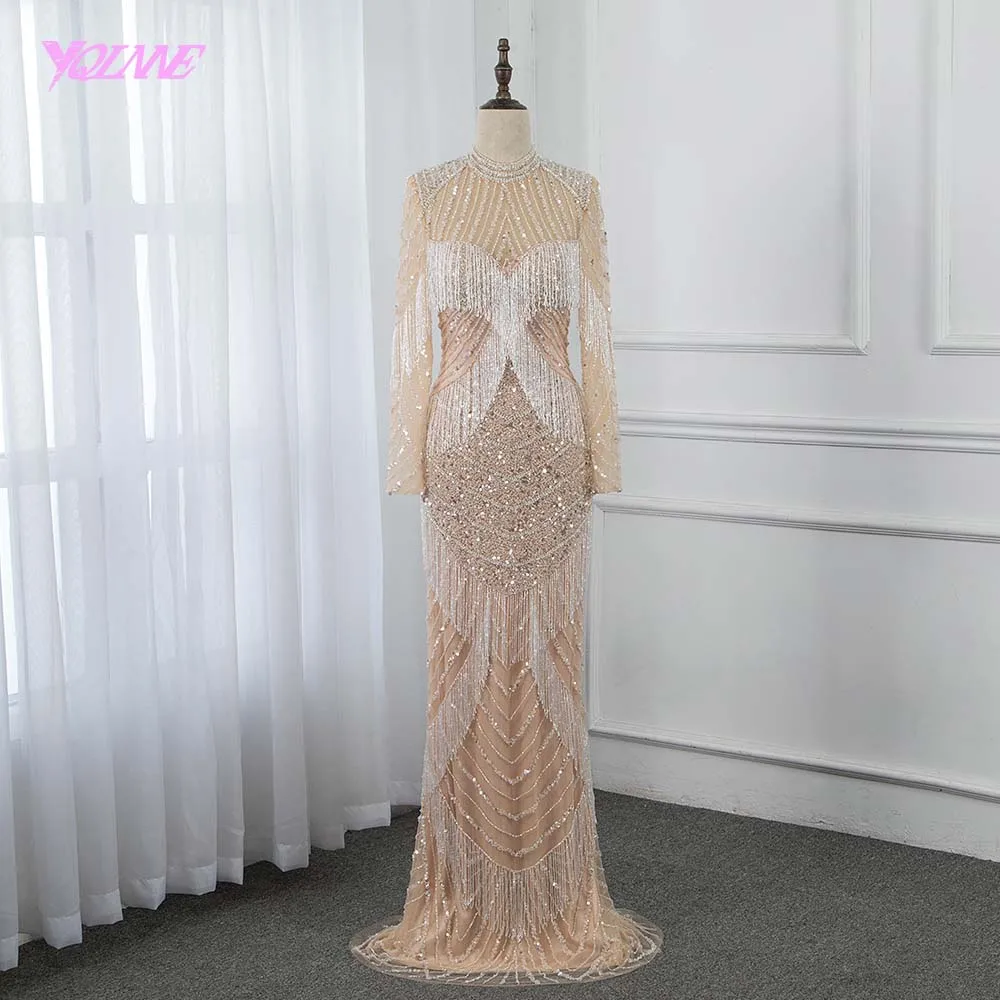 

Luxury Full Sleeve Diamonds Evening Dress 2019 High Neck Mermaid Beading Pageant Gowns Formal Dresses Dubai YQLNNE