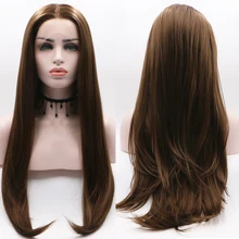 Фэнтези красоты Длинный натуральный прямой коричневый парик фронта шнурка половина рука связали реалистичный вид Glueless синтетические парики для женщин