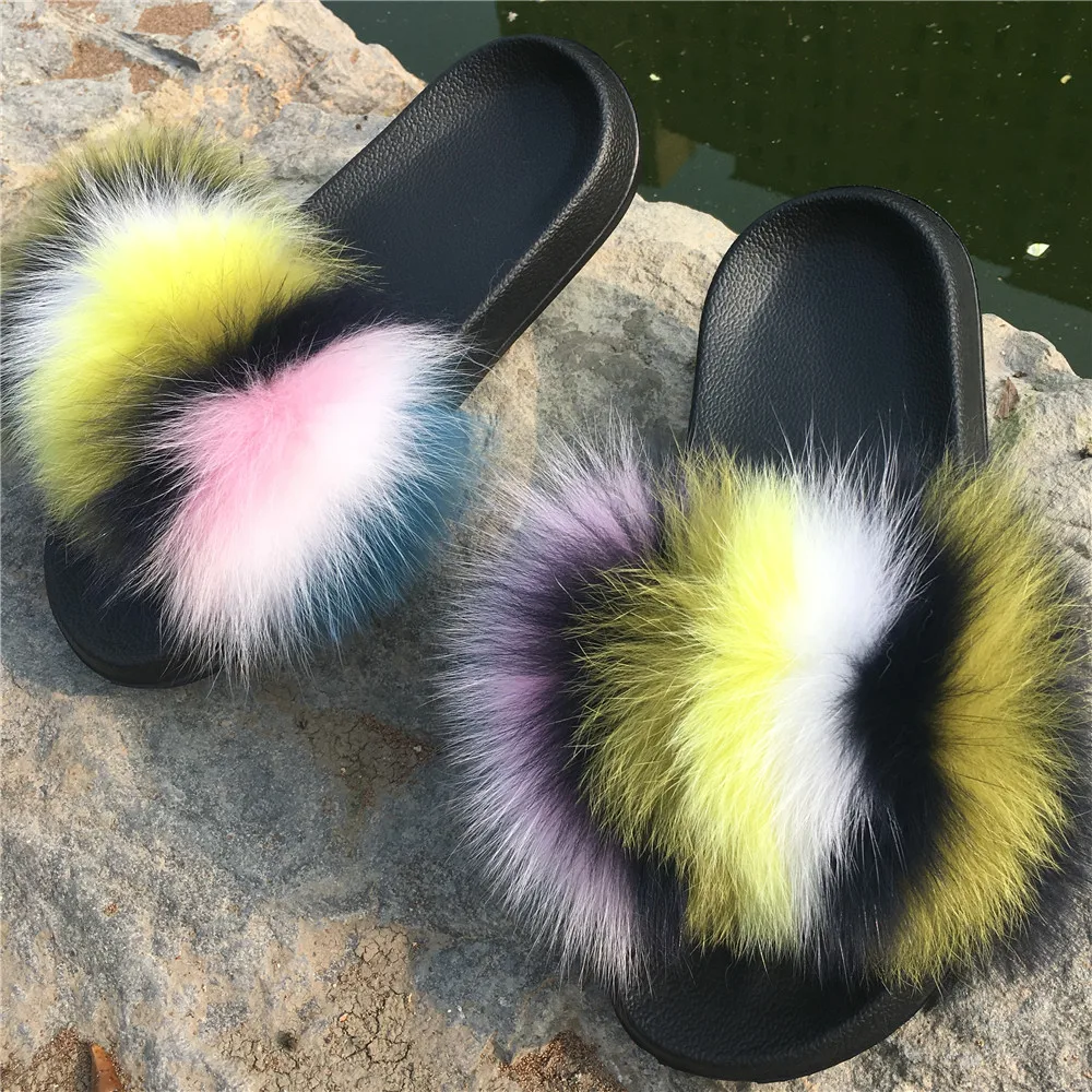 

FunFur - Multi Stripe Colors Real Fox Fur Rainbow Slides Sandals Women's Slippers Slider Indoor Outdoor Flat Shoes