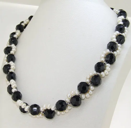 

Perfect Women's Pearl Jewelry, White Color 4mm Genuine Freshwater Pearl Necklace 17inches Real Pearl Black Crystal Beads Jewelry