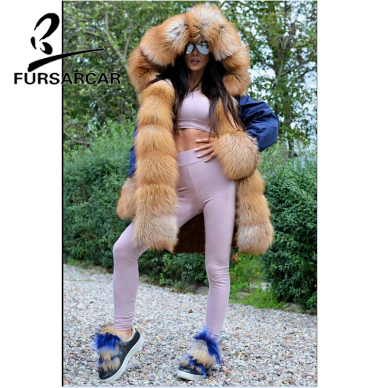 

FURSARCAR 2019 Luxury New Style Real Fur Coat Parka Women With Big Gold Fox Fur Trim Hood And Cuff Winter Thick Warm Fur Parka
