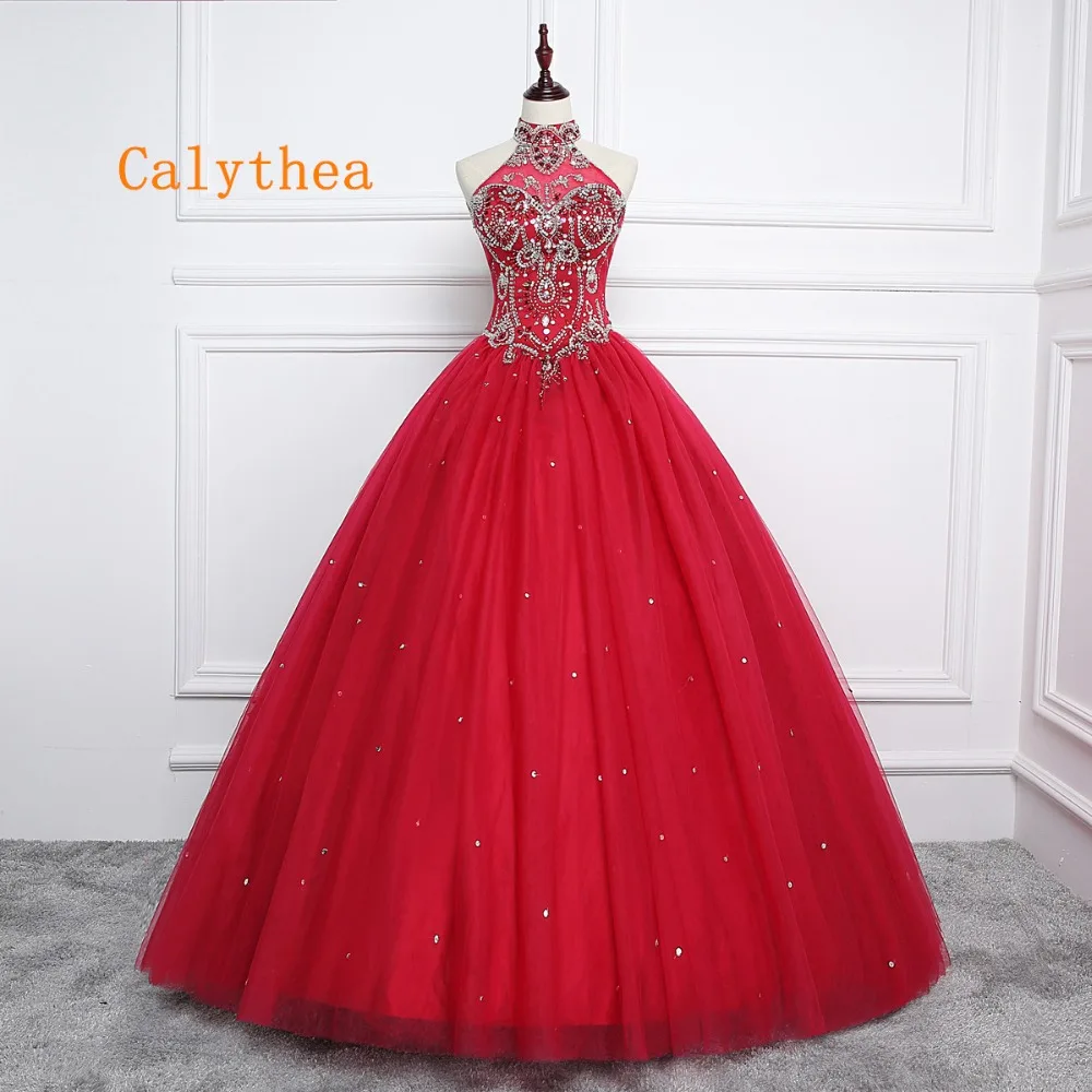 

Calythea High Quality Halter Beaded Red Tulle Quinceanera Dress 2019 Puffy Princess Ball Gown Vestidos De 15 Anos Sweet 16 Dress