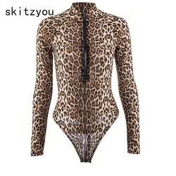 Skitzyou с леопардовым принтом Водолазка Сексуальная для женщин Bodycon Корректирующие боди для длинным рукавом Оболочка Тонкий комбин