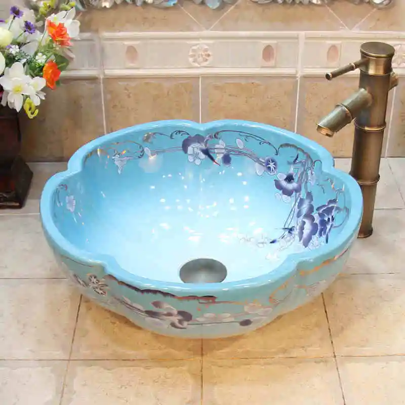 Petunia pattern Chinese flower shape Ceramic Bathroom Sink Countertop Wash Basin art  (5)