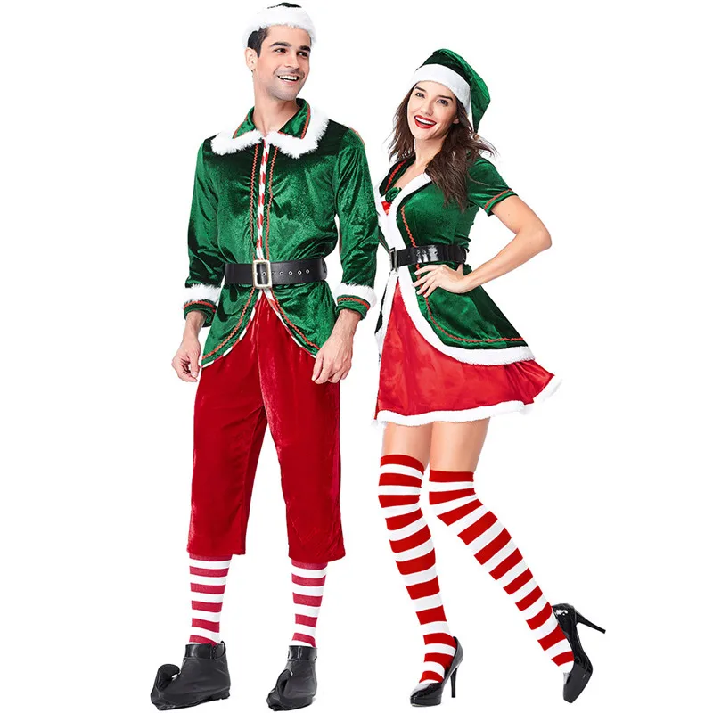 Год Merry Рождество одежда платье Санта Клаус Делюкс Бархат косплей костюмы Красный Зеленый куртка шляпа пояс для взрослых женщин мужчин