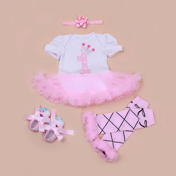 

4PCs per Set Pink Crown 1st Baby Girls Birthday Party Dress Jumpersuit Headband Shoes Leggins for 0-24Months Free Shipping