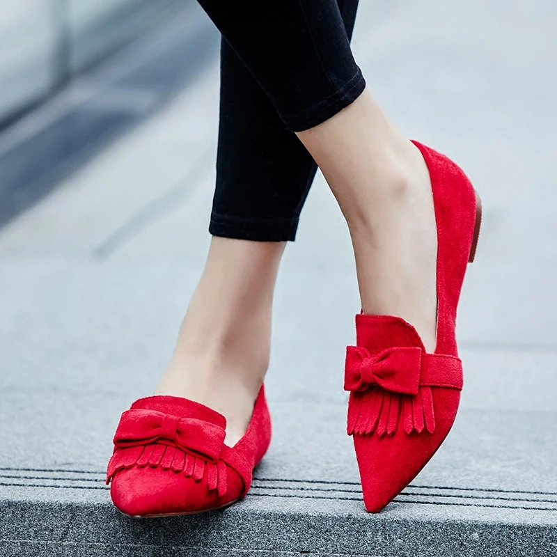 

Bright Red Faux Suede Leather Women Pointy Toe Fringe Flats Slip On Ballet Flats Fashion Dress Shoes Spring Hot Bow Flats