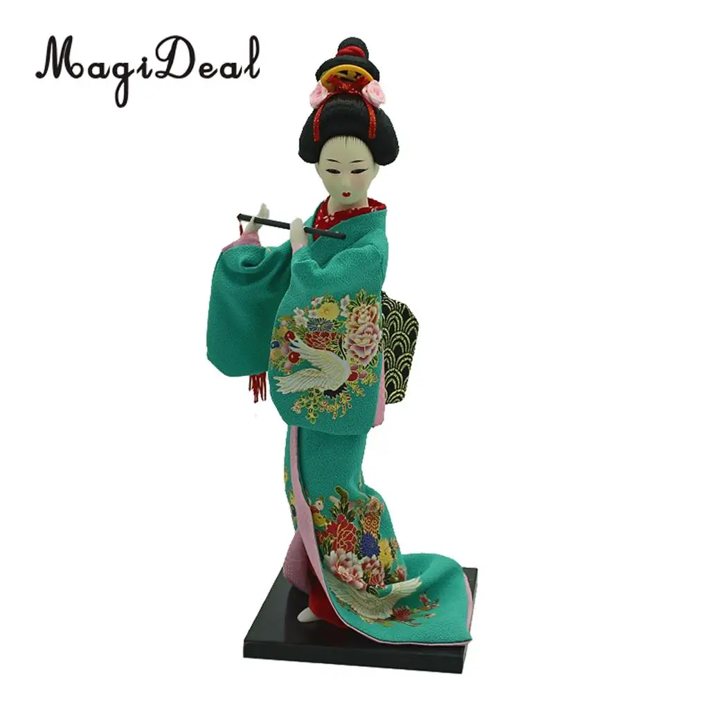 12inch Vintage Japanese Kimono Geisha Doll Figure in Green Clothes Home Decoration