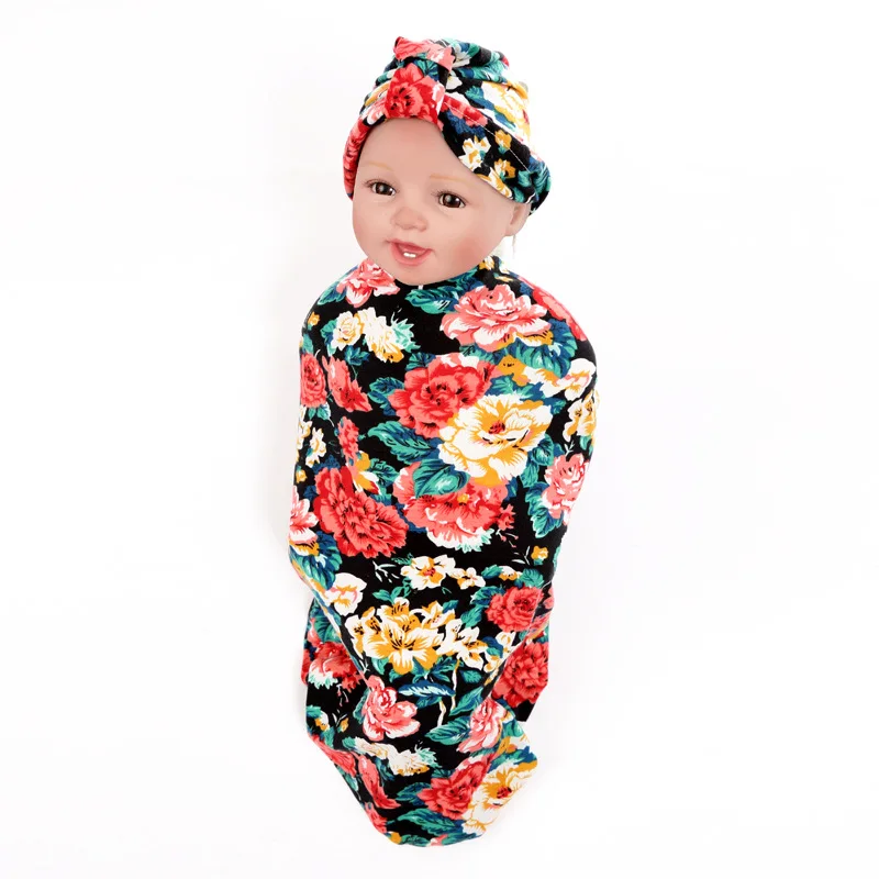 Infant Baby Boys Girls Floral Cotton Blanket+Turban Suit Swaddle
