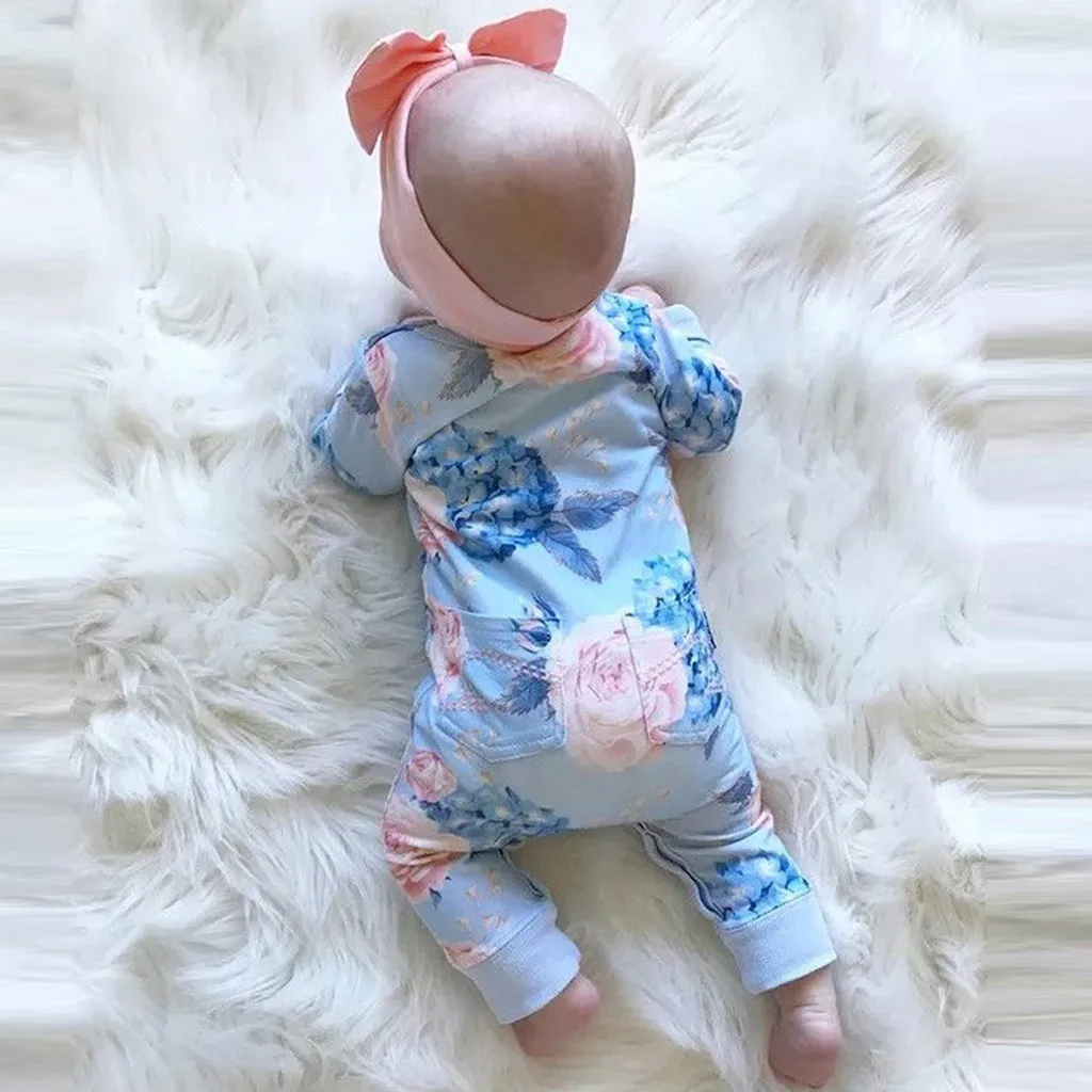 

Clothing for Baby Cotton Floral Romper Floral Printed Long Sleeve Spring Autumn Cotton Romper Kid Bow Hair Band Clothes Sets