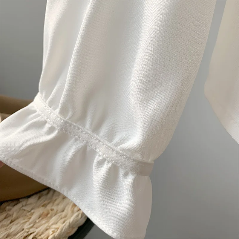 De Tops Blanco 2019 Casual Coreana Volantes Moda Marino Elegante Larga Manga azul Cuello Mujer Blusas Camisas Blanco fxq7d4x