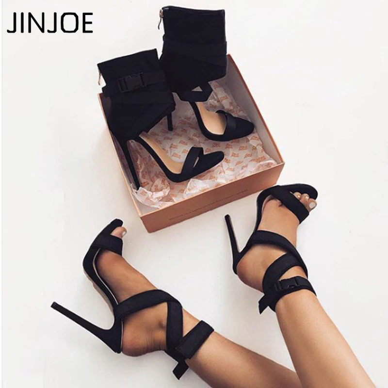

JINJOE Women High Heel Sandals Solid Fashion Buckle Strap Rhinestone Open Back Thin Heel Summer Sandals Women Shoes
