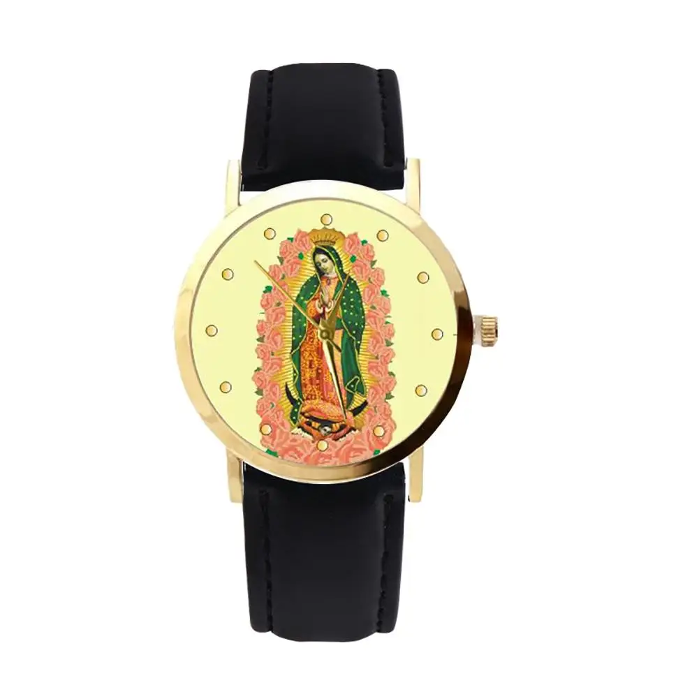 

2018 Fashion Women Watches Christian Virgin Mary Flower Faux Leather Strap Women Quartz Wristwatch Clock Gift Relogio Feminino