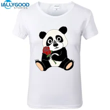 New Summer Fashion Funny Panda with Rose Art T-Shirts Women Cute Bear Printed T Shirts Soft Cotton White Tops S1190