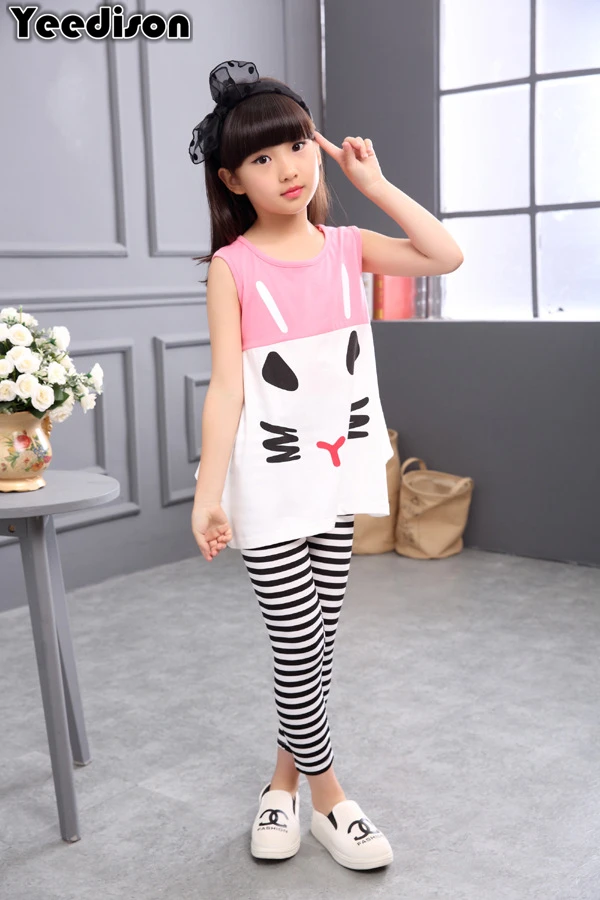 Yeedison 2018 Girls Clothes Set Summer Kids Cute Cartoon T-shirt Striped Pants Outfit Suit 2Pcs Sleeveless Children Clothing Set (1)