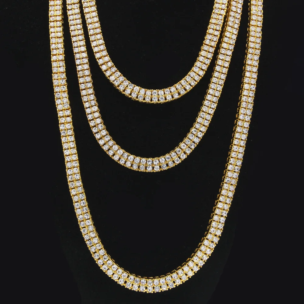 

Hip Hop Bling Ice Out 2 Rows Rhinestones Tennis Chain Necklace Gold Silver Black Chokers Necklaces for Men Jewelry 20"-30