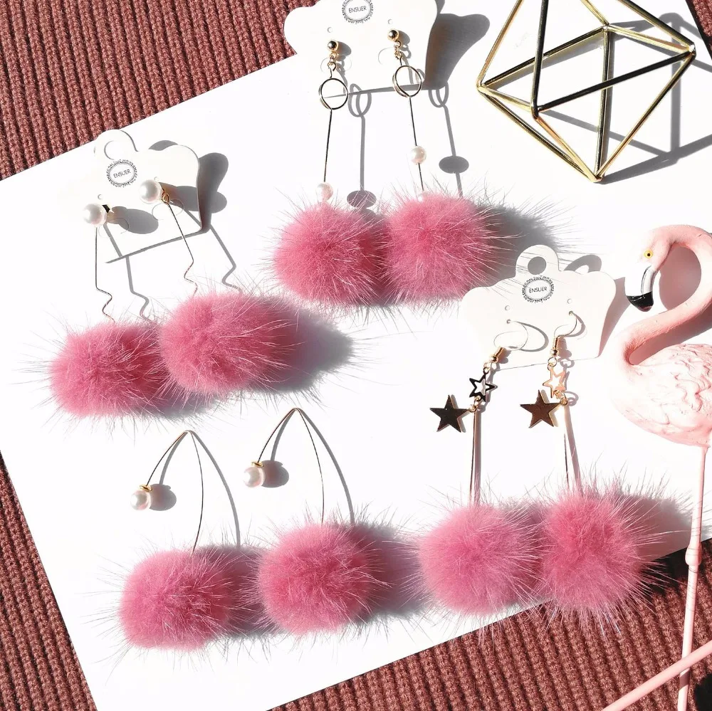 Pink Mink Fur Pom Pom Earrings with pearls Pompom Ball Long Dangle