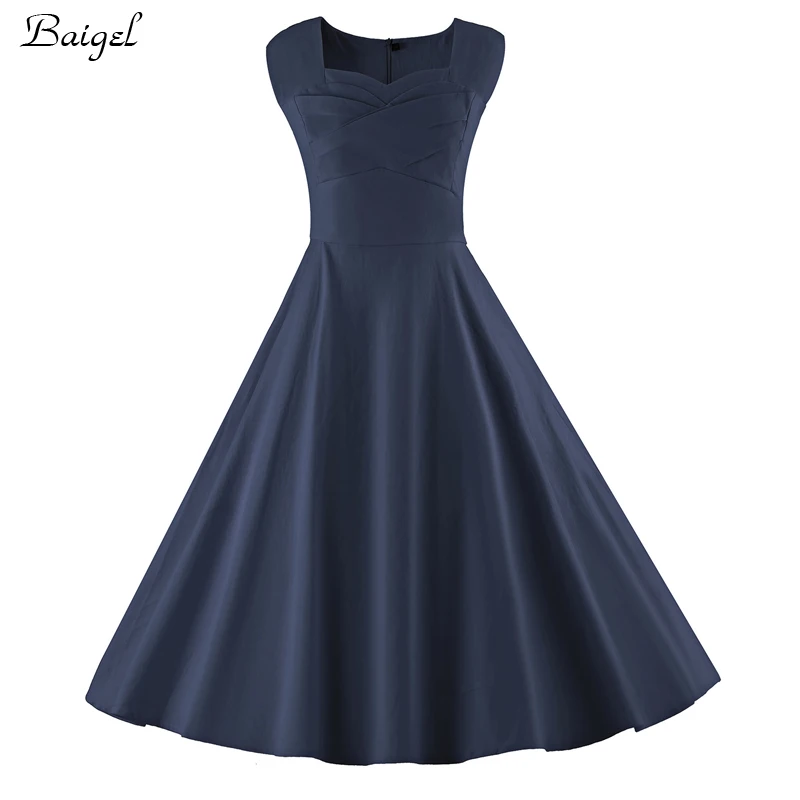 Womens Sleeveless Classic Navy Blue Summer Dress 50s 60s Audrey Hepburn Retro Style Rockabilly Vintage Cocktail Ball Gown Party Dresses