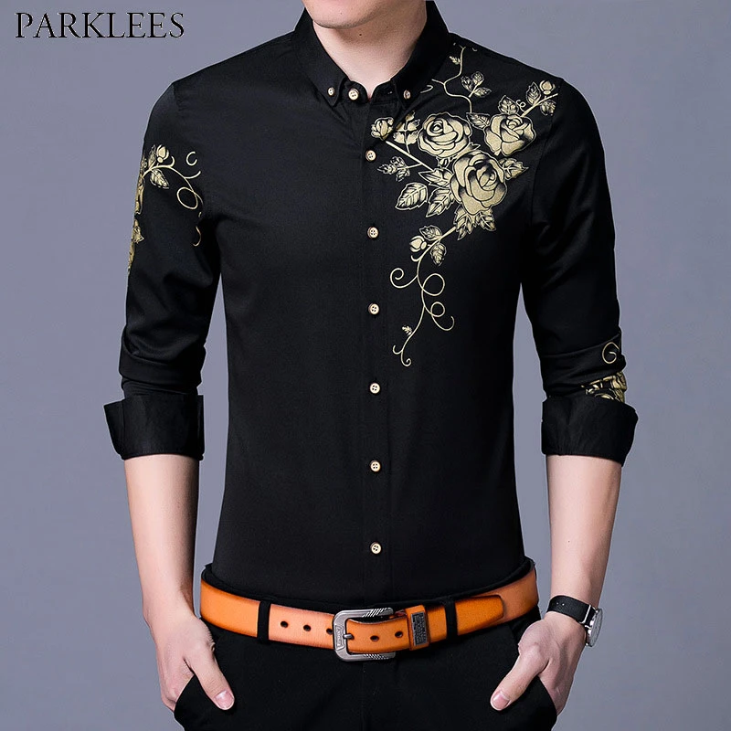 Camisa con estampado de flores y rosas doradas hombre, ropa ajustada de manga larga, informal, con botones, Otoño, 2018|Camisas vestir| - AliExpress
