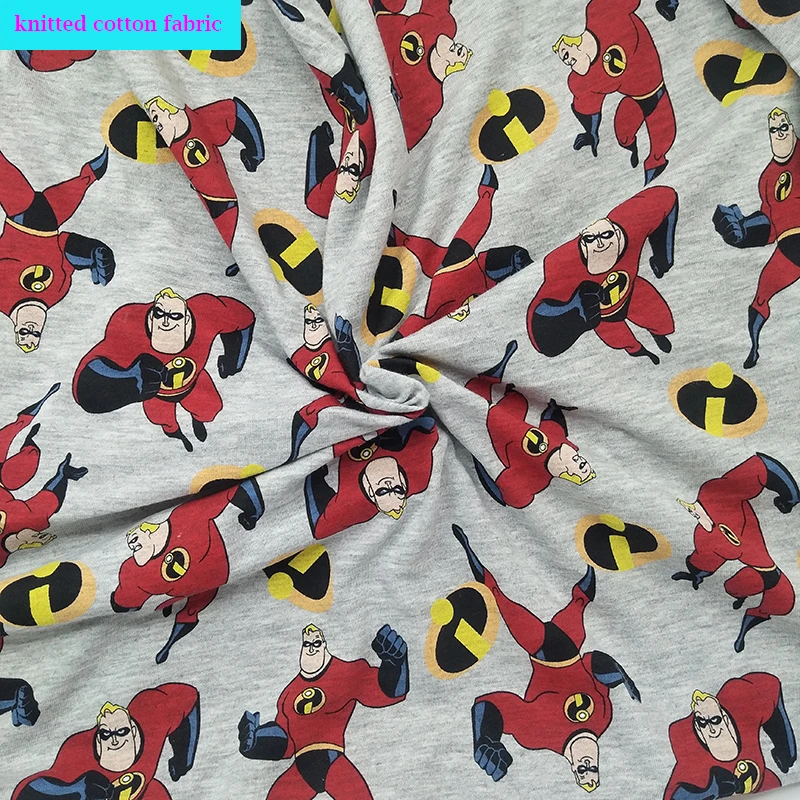 Grey Jersey Fabric Cotton Knitted Fabric Cartoon Super Strong Man Print