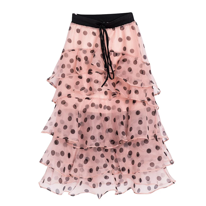 TWOTWINSTYLE Casual Polka Dot Skirt For Women High Waist Bandage Ruffles Slim Chiffon Skirts Female Fashion Summer New