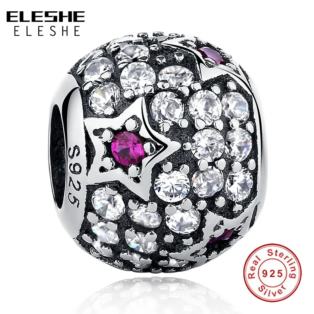 

ELESHE Authentic Charms Beads Crystal Star Round 925 Sterling Silver Beads fit Original Pandora Bracelet Fashion Jewelry Making