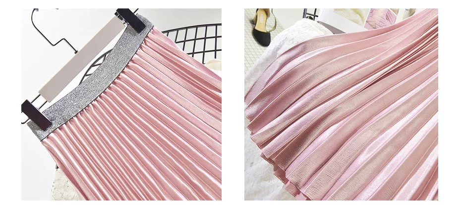Женская модная плиссированная юбка миди цвета металлик, Женская Корейская уличная юбка с высокой талией, велюровые розовые шикарные юбки Saias, осень, SK285