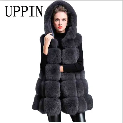 UPPIN, зимнее пальто для женщин, Толстый жилет из искусственного меха с капюшоном, жилет из лисьего меха средней длины, жилет с большим маятником 5xl