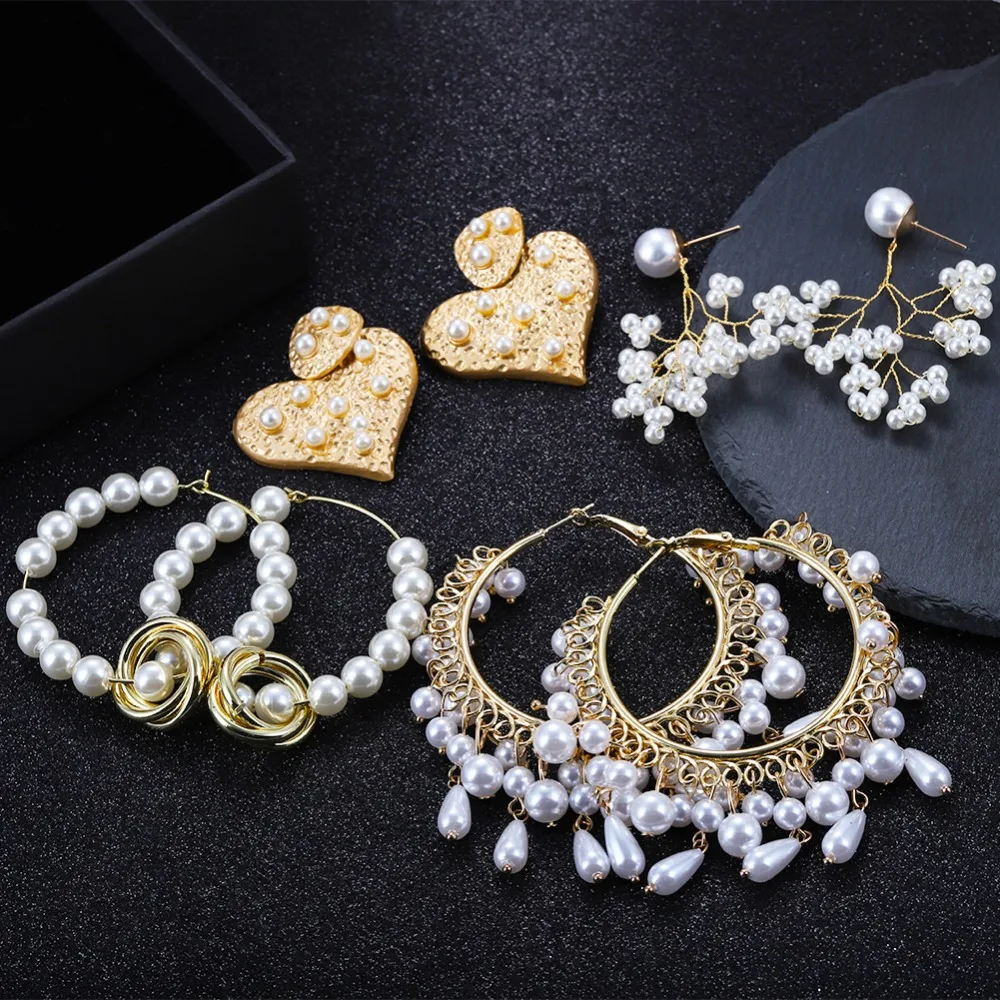 

Girlgo Boho Simulated Pearl Stud Earrings For Women Trendy Metal Statement Earrings Jewelry Wedding Party Gold Color Wholesale