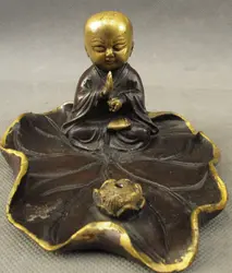 JP S62 Китайский Бронзовый Свинка Молиться Благословит Малыш Ребенок Монах Будда На Листьев Лотоса Статуя Плиты Скидка 35%