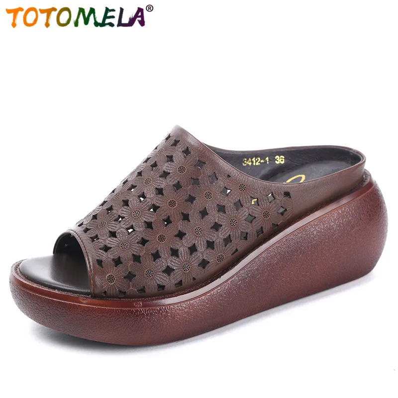 

TOTOMELA 2019 genuine leather platform women sandals comfortable shoes peep toe printing flower flat elegant women's shoes