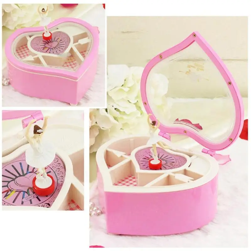 Caja de música de bailarina con forma de corazón caja de joyería de plástico manivela de mano mecanismo de caja de música para el Día de San Valentín