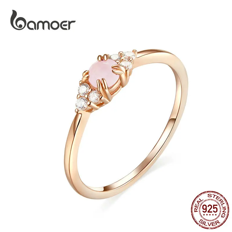 

bamoer Pink Crystal Finger Rings for Women Rose Gold Color Authentic 925 Stelring Silver Band Ring Luxury Fine Jewelry SCR534
